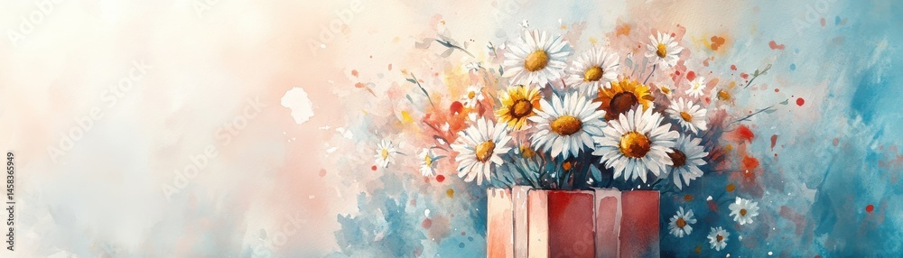 A watercolor painting of a bouquet of white daisies in a pink vase against a soft, pastel background.