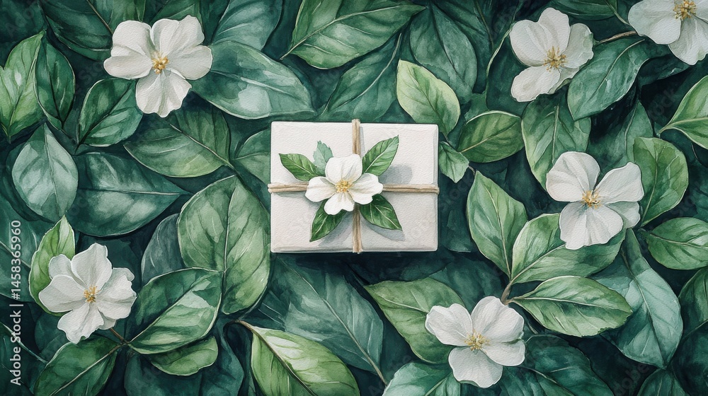 A white gift box with a flower sits among lush green leaves and white blossoms, creating a fresh, natural, and elegant scene.