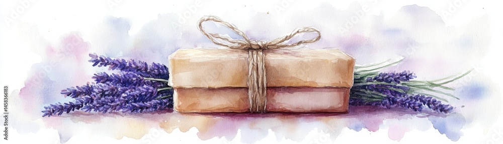 Watercolor of a wrapped gift box with twine, adorned with sprigs of lavender on a soft pastel background.