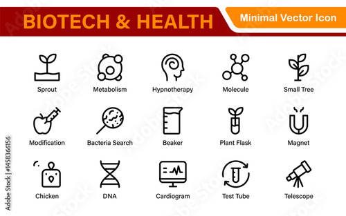 Biotech and Health Tech Icon Pack – Clean, Minimalist Line Vector Illustrations for Healthcare, Science, Lab Research, Pharma.