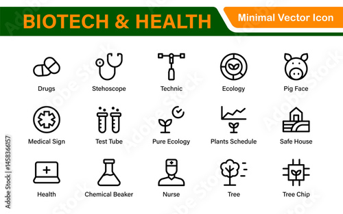 Biotech and Health Tech Icon Pack – Clean, Minimalist Line Vector Illustrations for Healthcare, Science, Lab Research, Pharma.