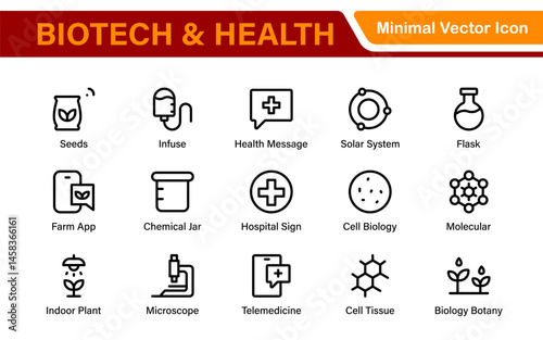 Biotech and Health Tech Icon Pack – Clean, Minimalist Line Vector Illustrations for Healthcare, Science, Lab Research, Pharma.