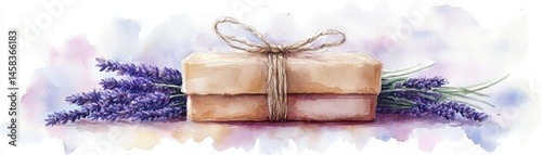 Obraz na płótnie Watercolor of a wrapped gift box with twine, adorned with sprigs of lavender on a soft pastel background. w salonie
