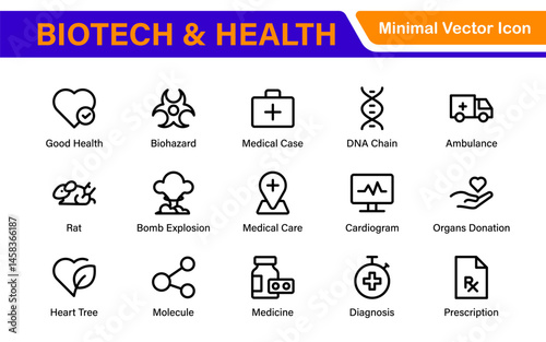 Biotech and Health Tech Icon Pack – Clean, Minimalist Line Vector Illustrations for Healthcare, Science, Lab Research, Pharma.