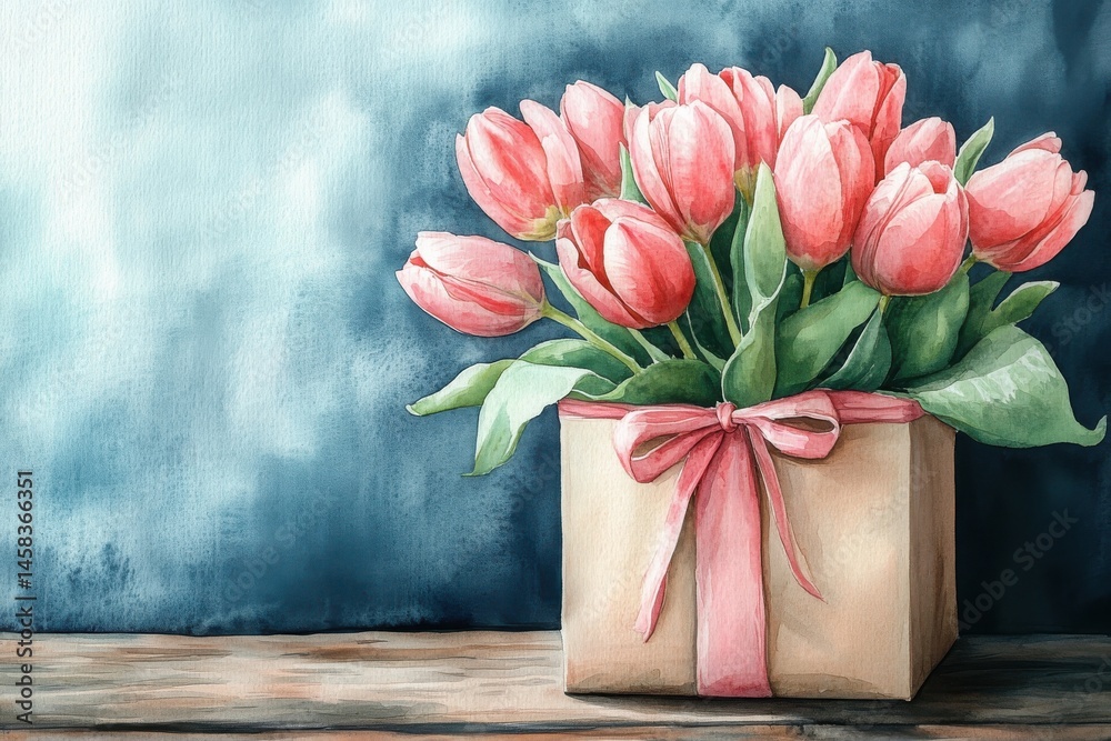 A bouquet of pink tulips arranged in a gift box with a pink ribbon, set against a blue watercolor background on a wooden surface.