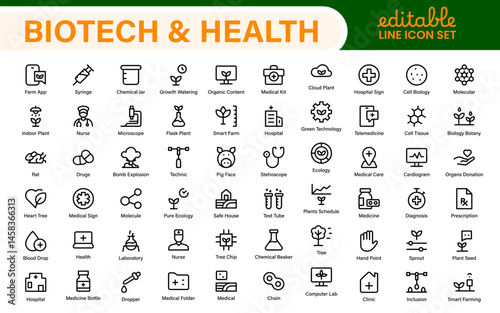 Biotech and Health Tech Icon Pack – Clean, Minimalist Line Vector Illustrations for Healthcare, Science, Lab Research, Pharma.