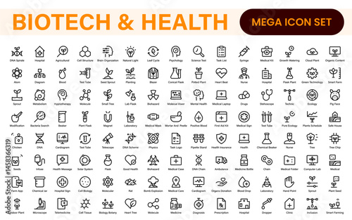 Biotech and Health Tech Icon Pack – Clean, Minimalist Line Vector Illustrations for Healthcare, Science, Lab Research, Pharma.