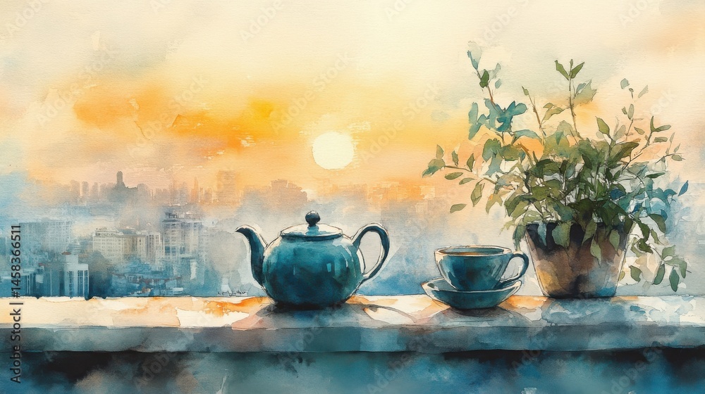 A teapot, cup, and potted plant sit on a ledge overlooking a city at sunrise, painted in a soft watercolor style.