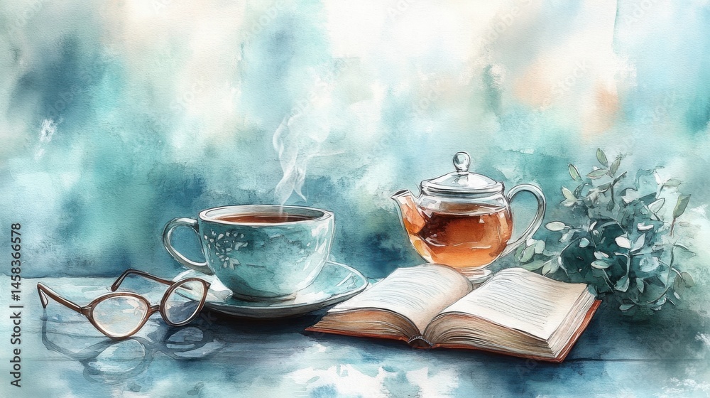 A steaming cup of tea, teapot, open book, and eyeglasses on a table with a soft, serene watercolor background.