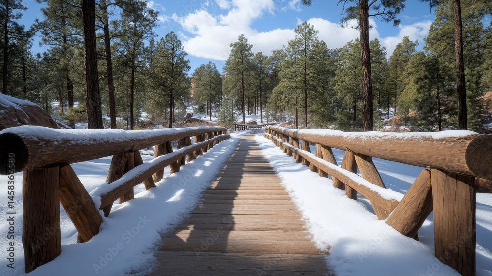 Fototapeta premium Scenic wooden bridge surrounded by snow covered trees and clear blue sky creates tranquil