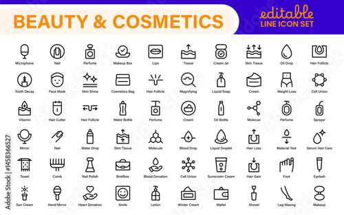 Organic Beauty and Cosmetics product outline icon set. editable line icon collection.