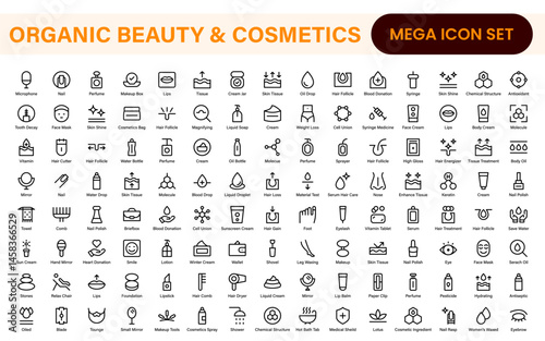 Organic Beauty and Cosmetics product outline icon set. editable line icon collection.