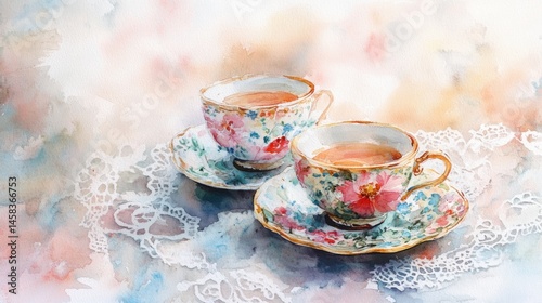 Two floral teacups filled with tea sit on a lace doily, surrounded by soft pastel watercolor tones for a delicate and cozy atmosphere.
