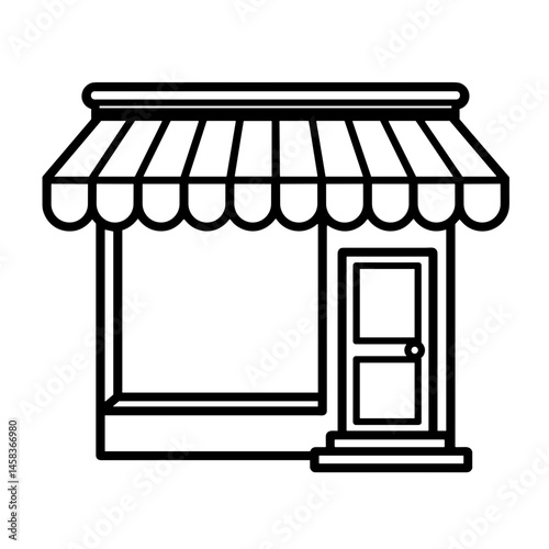 Minimalist storefront icon with striped awning, clarity and simplicity