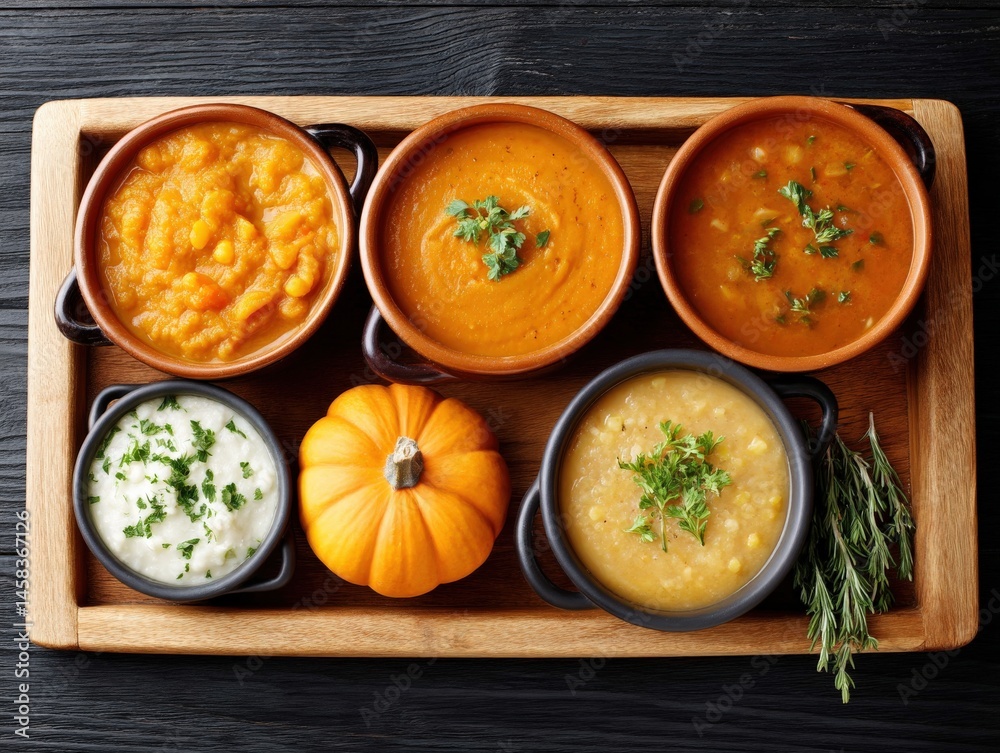 Assortment of Delicious Soups Presented in Bowls with Fresh Pumpkin and Herbs on Wooden Tray Created for Autumn Culinary Experiences captured with clarity Assortment of Delicious Soups Presented in Bowls with Fresh Pumpkin and Herbs on Wooden Tray Created for Autumn Culinary Experiences captured with clarity