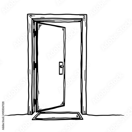 Open hotel door with welcome mat, inviting hospitality