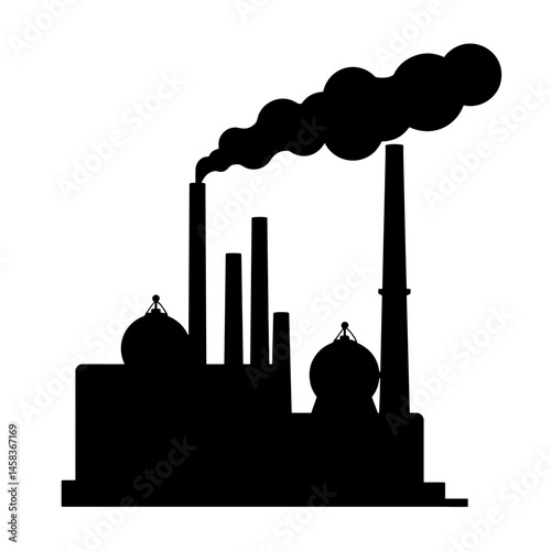 Factory silhouette with air pollution sign on white background, environmental awareness