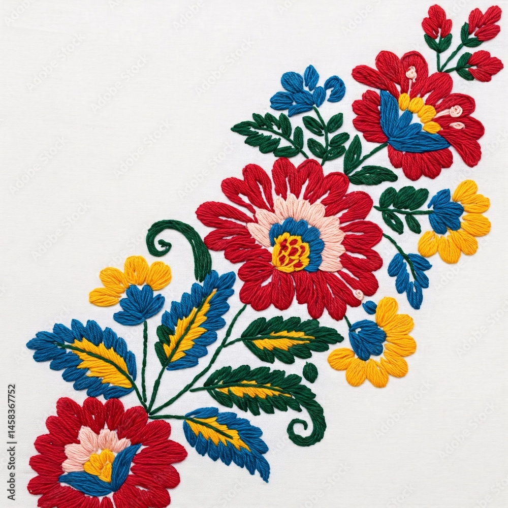 Naklejka premium Floral embroidery pattern with red, blue, and yellow flowers and green leaves