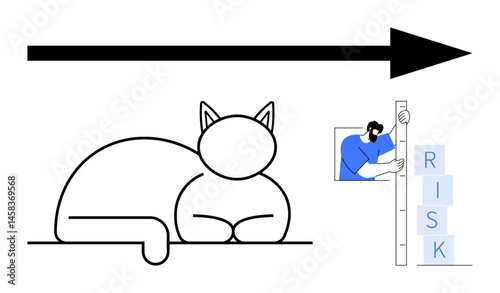 Cat lounging calmly as a person measures risk using a vertical scale next to a forward arrow. Ideal for risk assessment, decision making, progress, analysis, goal-setting, productivity, simple