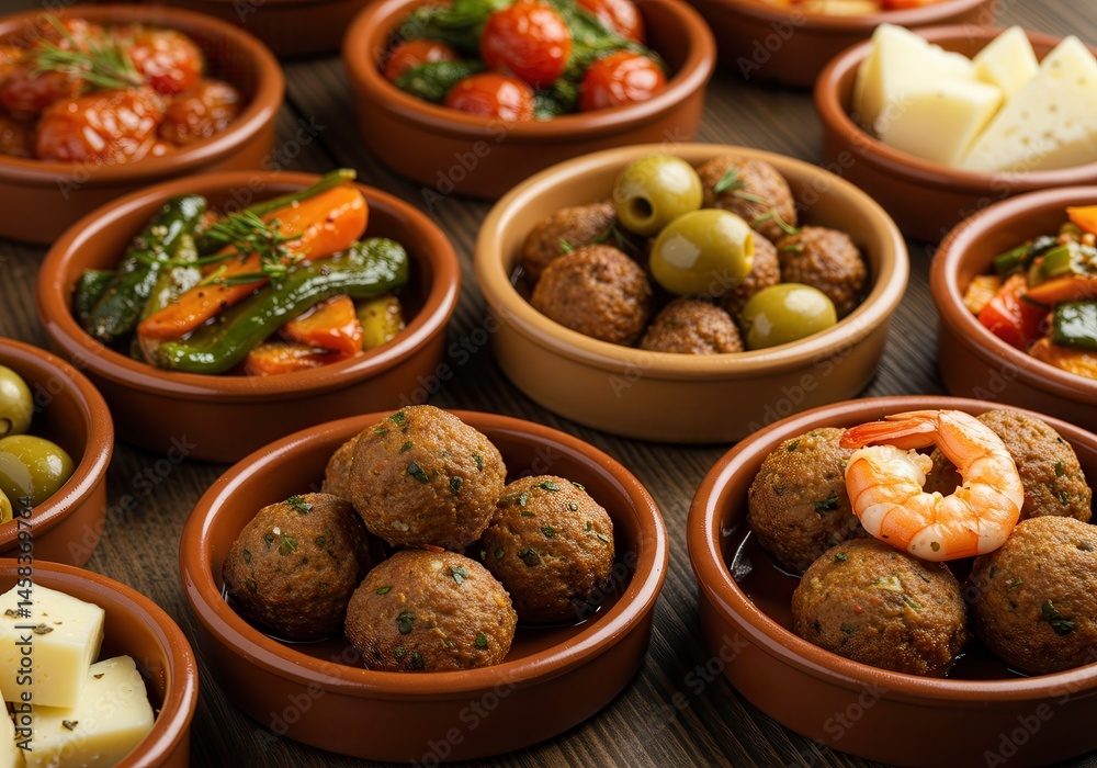 Assortment of spanish tapas dishes with meatballs, vegetables, cheese and olives Assortment of spanish tapas dishes with meatballs, vegetables, cheese and olives