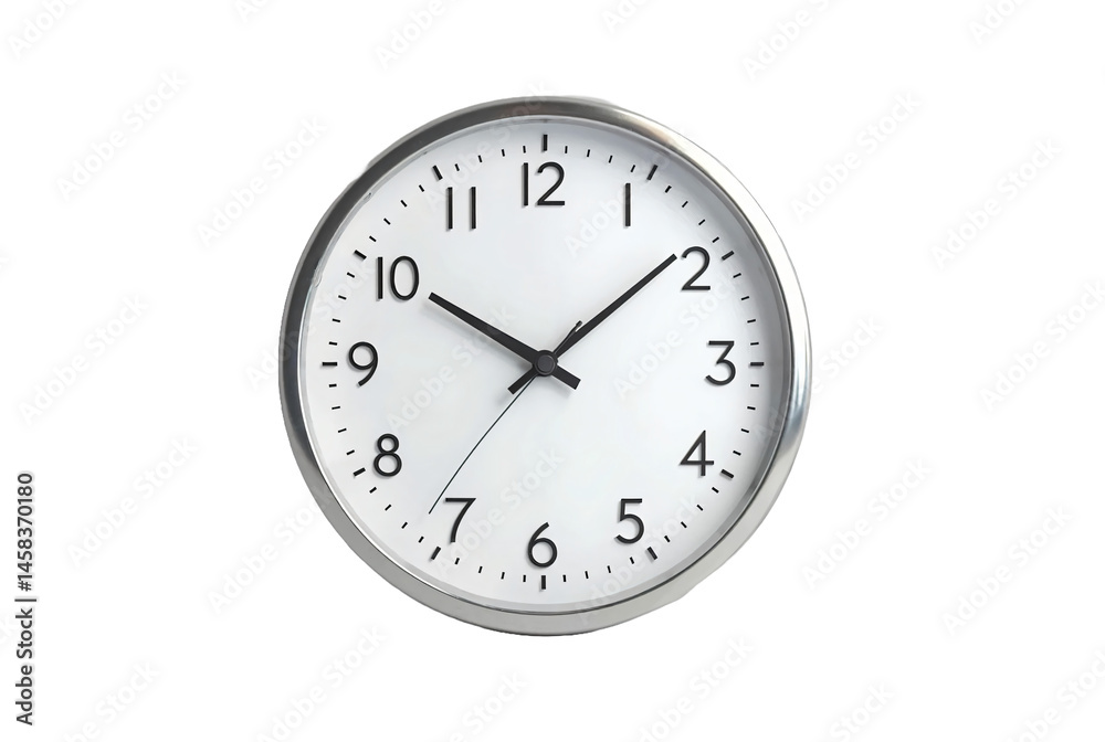 Minimalist Round Wall Clock with a White Face, Black Numbers, and a Silver Frame, Showing the Time at 10:10
Minimalist Round Wall Clock with a White Face, Black Numbers, and a Silver Frame, Showing the Time at 10:10