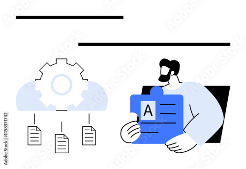Man holds a puzzle piece labeled A beside a cloud-connected gear linking to documents, signifying system integration, data workflow, and collaboration. Ideal for technology, organization, teamwork