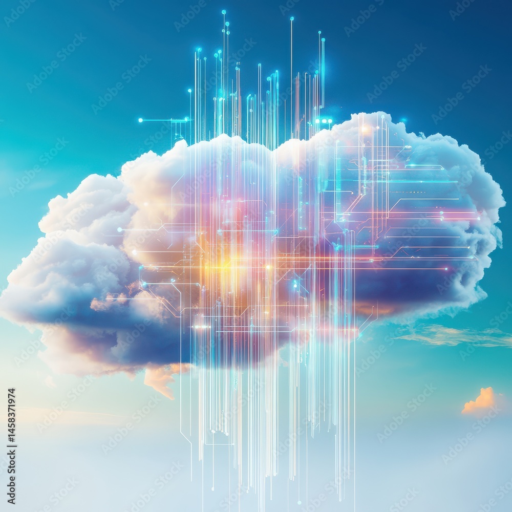 Obraz premium Hyperrealistic cloud structure over tech-inspired landscape digital art bright environment aerial viewpoint