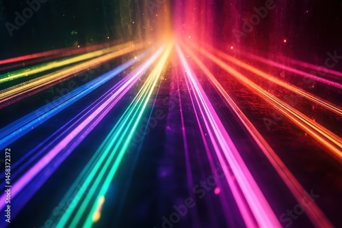 Rainbow Light Trails: Abstract image of vibrant, multicolored light trails converging towards a central point, creating a dynamic and energetic composition.