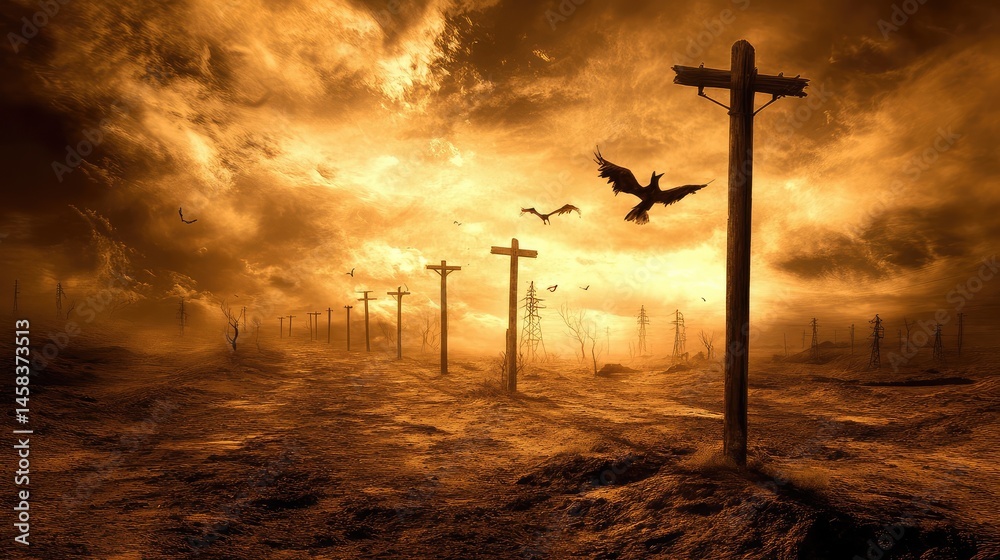 Naklejka premium Electric poles standing tall in a desert region with a dramatic sky overhead