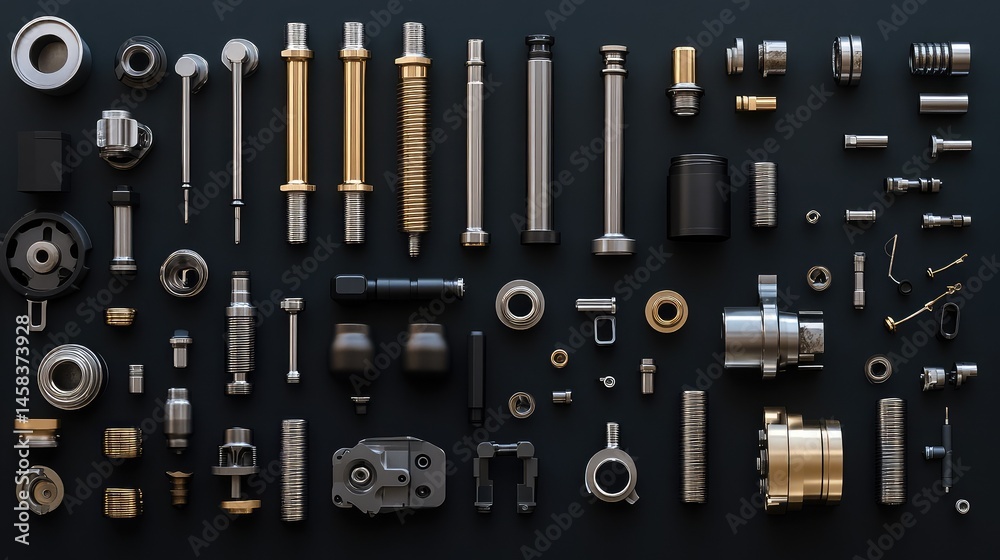 Engine pistons and crankshafts laid out neatly on a black background Engine pistons and crankshafts laid out neatly on a black background