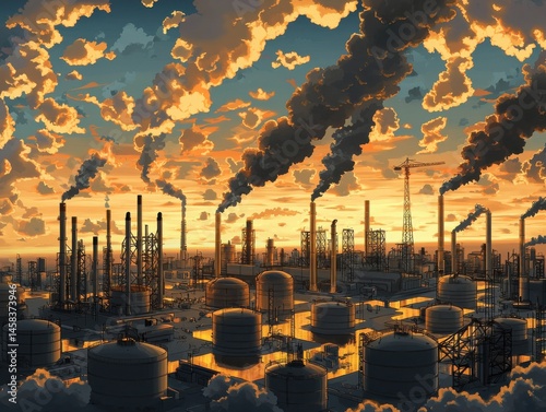 A sunset view over an industrial landscape filled with smokestacks and storage tanks.