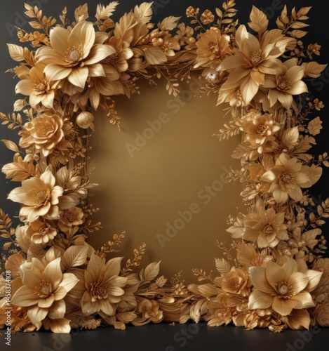 Luxurious gold floral backdrop, elegant blooms & leaves ,  wedding,  celebration