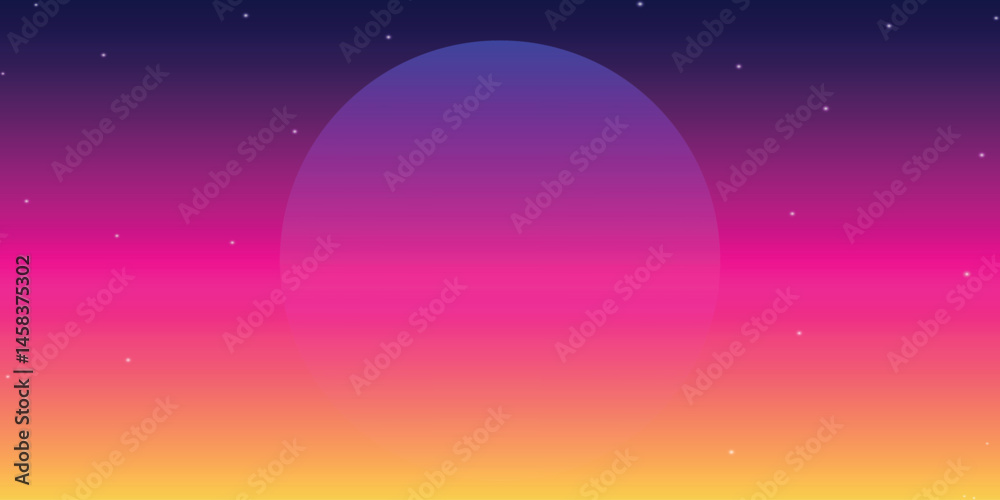 Fototapeta premium A stylized horizon with a sunset or sunrise, made in bright colors: from deep purple at the top to orange at the bottom. Several stars are visible in the background.