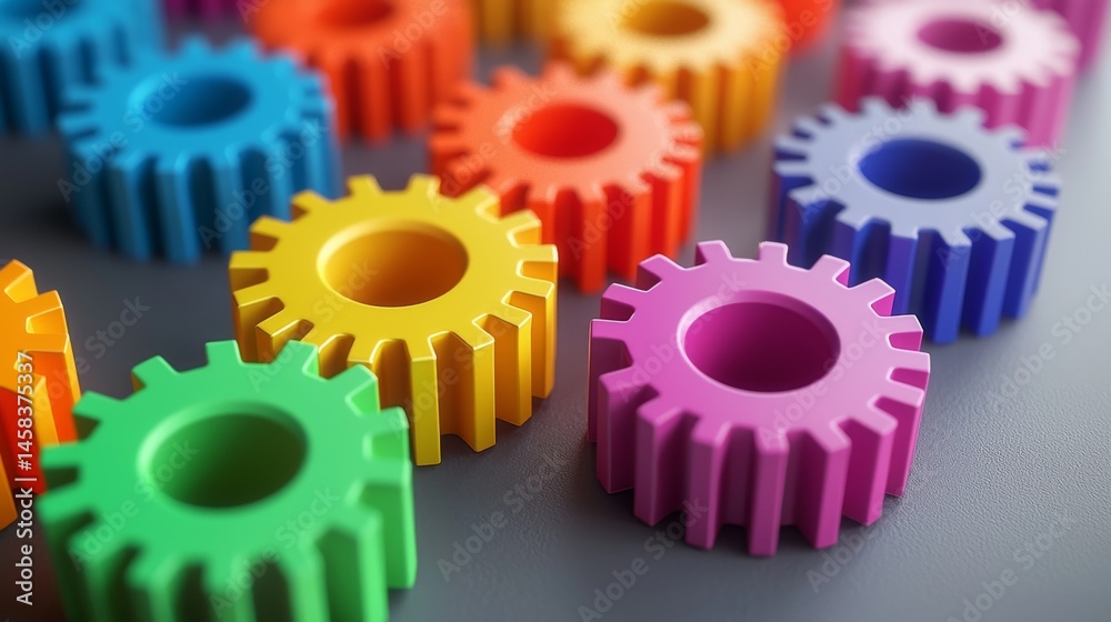 Colorful plastic gears laid out on a gray surface, symbolizing creativity and innovation. Colorful plastic gears laid out on a gray surface, symbolizing creativity and innovation.
