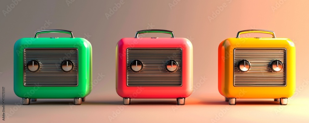 Fototapeta premium Colorful retro audio cassette players arranged in a vibrant display.