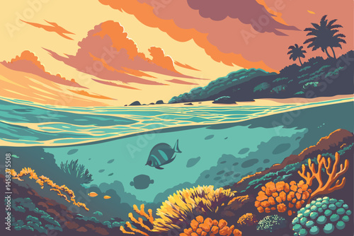 40 Breathtaking coastal sunset, lone mangrove tree silhouette, vibrant purple and orange sky, reflective tidal pools, rocky shoreline, dramatic clouds, panoramic view, golden hour light, tranquil seas