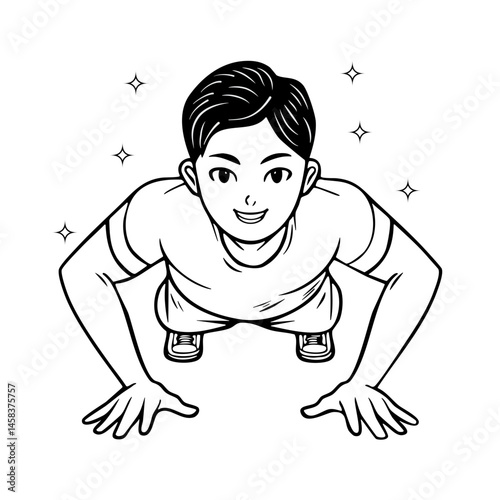 楽しそうに腕立て伏せをして筋肉を鍛えている男性