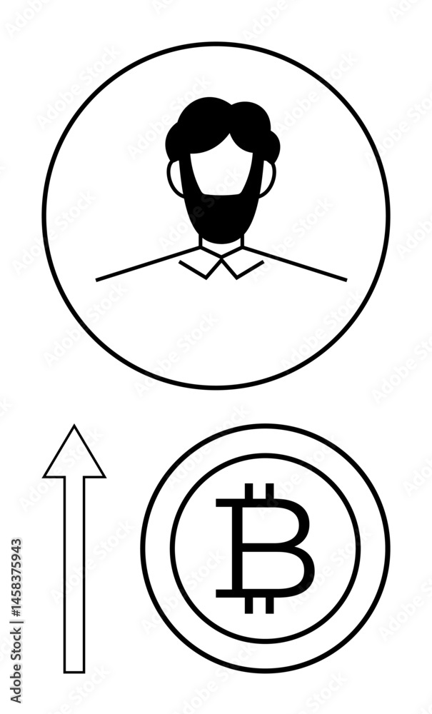 Obraz premium Portrait icon of a person in a circle, large Bitcoin symbol encircled below, upward arrow indicating growth. Ideal for cryptocurrency, investment, finance, growth, personal portfolio, digital