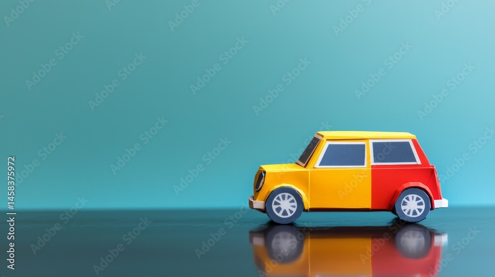 Colorful toy car on a reflective surface against a vibrant background. Colorful toy car on a reflective surface against a vibrant background.