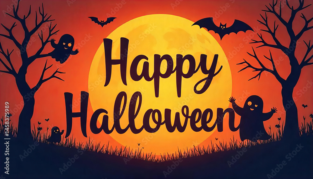 Naklejka premium Halloween Greeting with Pumpkins and Bats