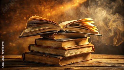 A stack of old books with a worn leather-bound book open on top, revealing yellowed pages and dog-eared corners, surrounded by dust and forgotten knowledge , old books, stack of old books