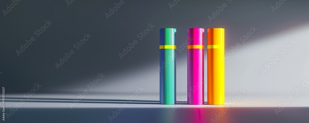 Obraz premium Colorful tubes arranged artistically, casting shadows in soft light, enhancing creativity.
