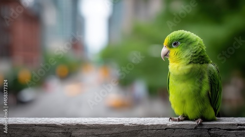 Fototapeta Naklejka Na Ścianę i Meble -  Green parrot on urban ledge. tropical bird in modern city street background