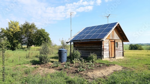 Rural off-grid system small solar panels and water tank beside a wooden shack