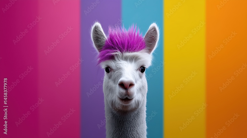 Fototapeta premium Llama with purple mohawk. vibrant animal portrait with colorful background stripes