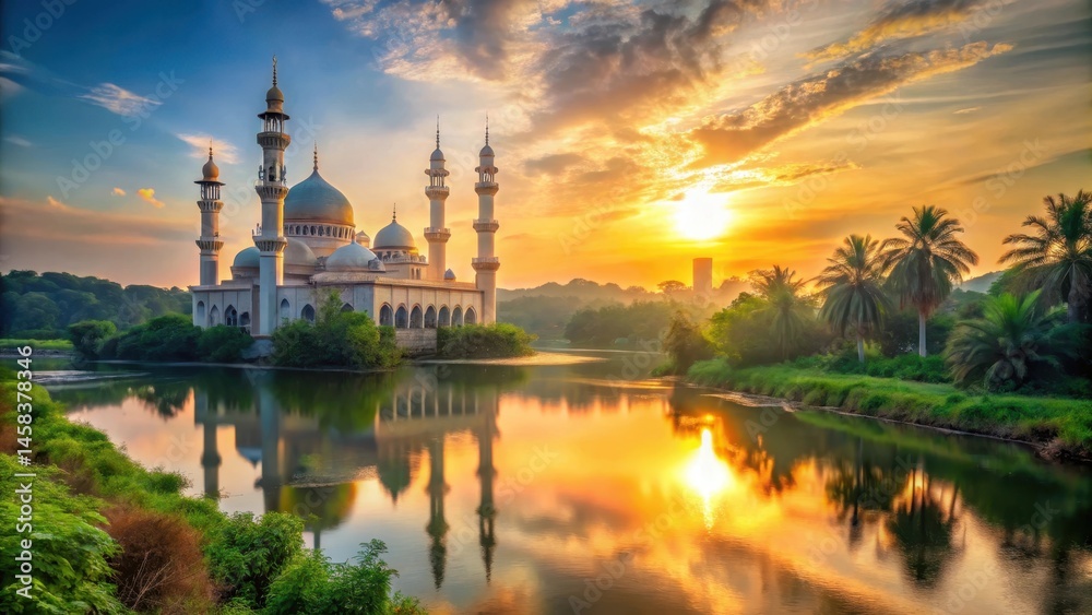 Naklejka premium Majestic mosque stands serenely amidst lush greenery as the sun rises over a tranquil river, casting a warm golden glow on its arches and minarets , architecture, peaceful