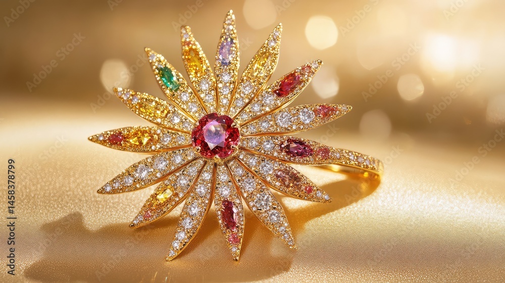 Fototapeta premium Sunburst gem brooch reflecting ambient light on gold backdrop