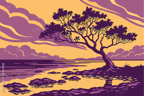 40 Breathtaking coastal sunset, lone mangrove tree silhouette, vibrant purple and orange sky, reflective tidal pools, rocky shoreline, dramatic clouds, panoramic view, golden hour light, tranquil seas