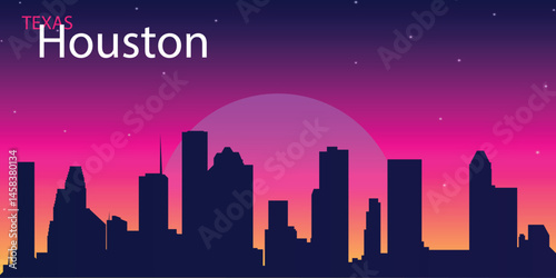 The image depicts a silhouette of Houston, Texas, with a city skyline against a colorful sunset with purple and orange hues.
