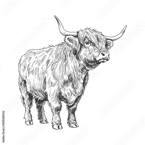 Vintage sketch of standing Highland cow facing right with long horns and shaggy fur in detailed hand-drawn farm animal illustration